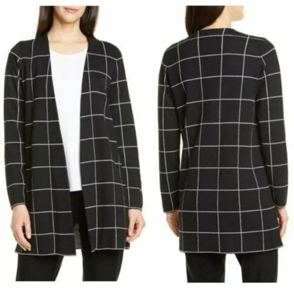 Eileen Fisher Womens Black Windowpane Wool Open Front Cardigan Sweater Size M